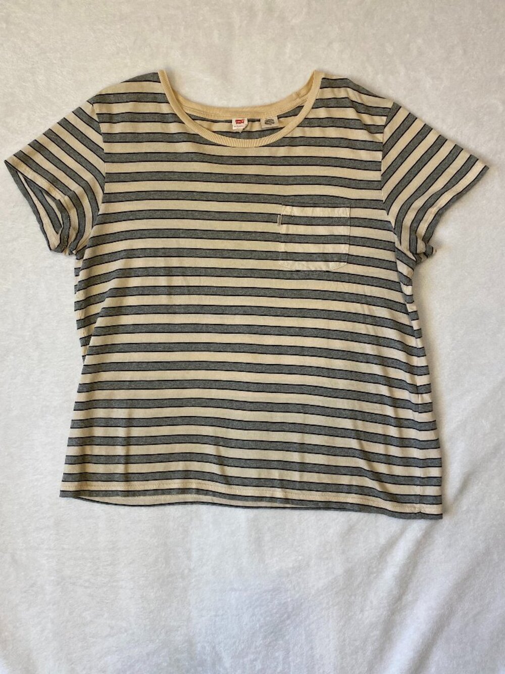 Levi's Striped Tee Shirt Women's Size Large Gray Cream Classic Retro 80s